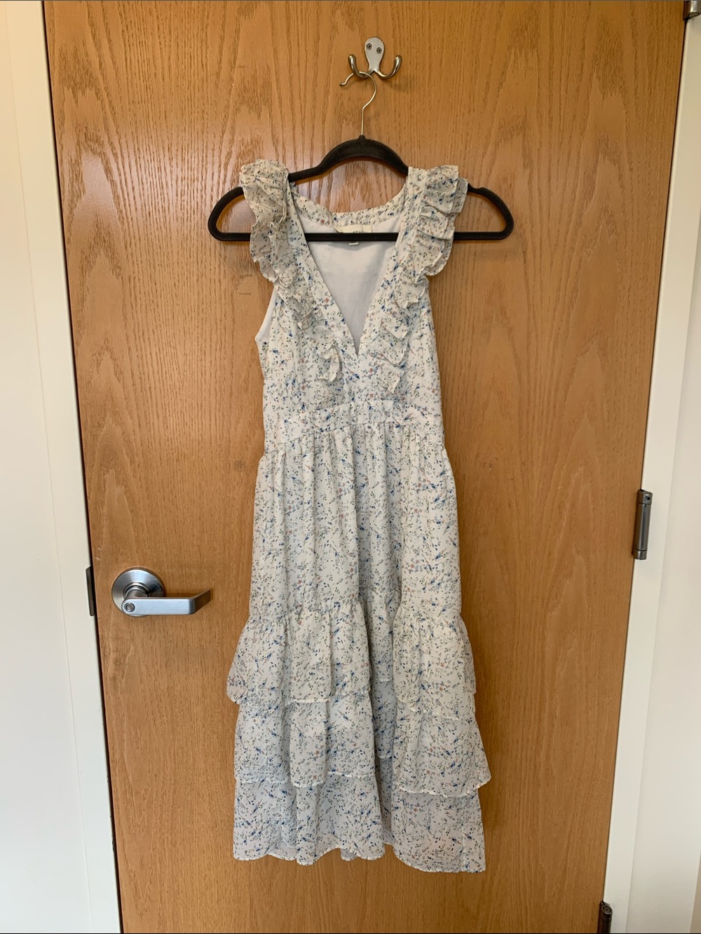 Pinch White & Light Blue Floral Ruffle V-Neck Maxi Dress Spring Summer Wedding